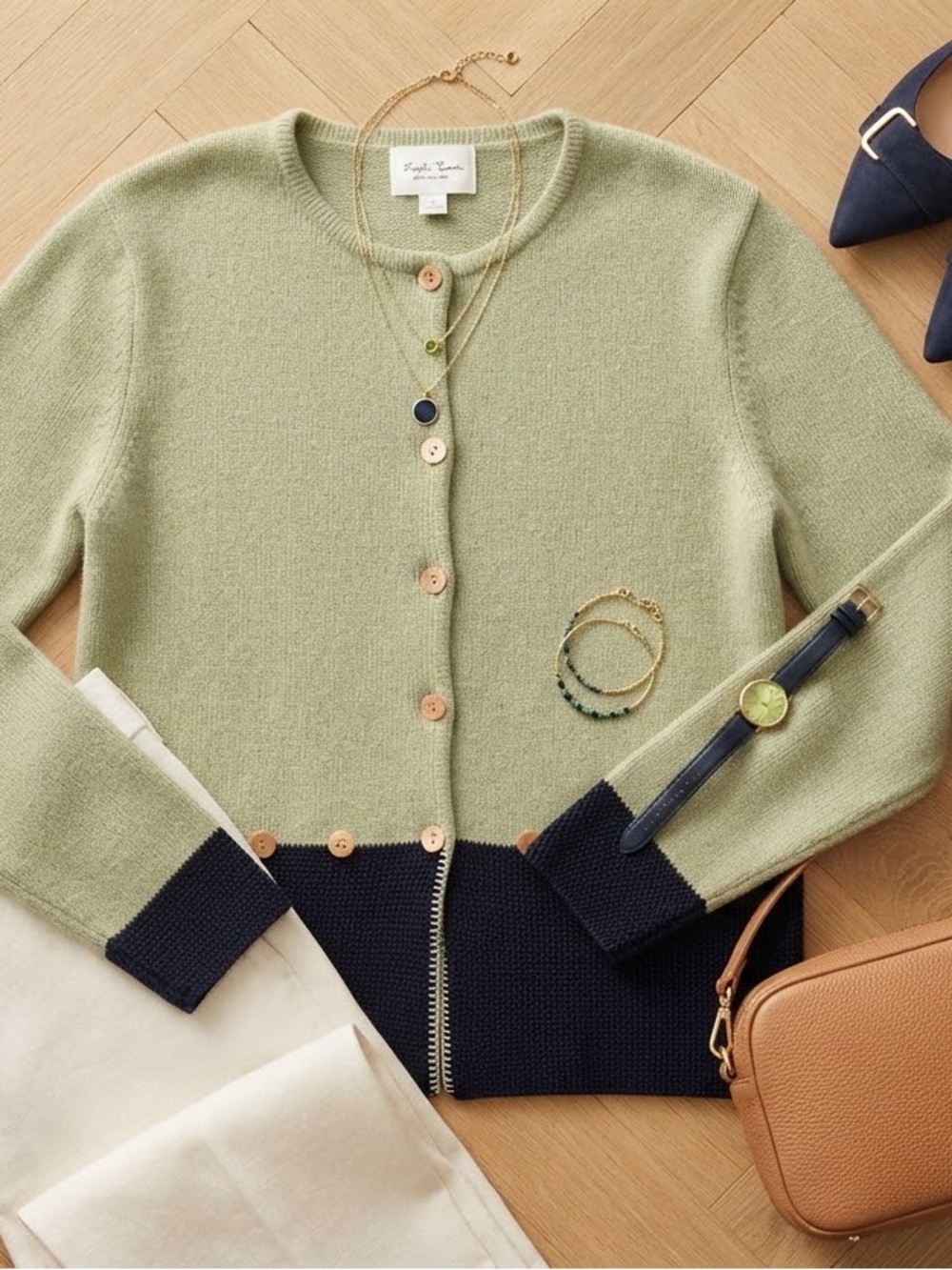 Christopher & Banks Olive Green and Navy Colorblock Button Cardigan